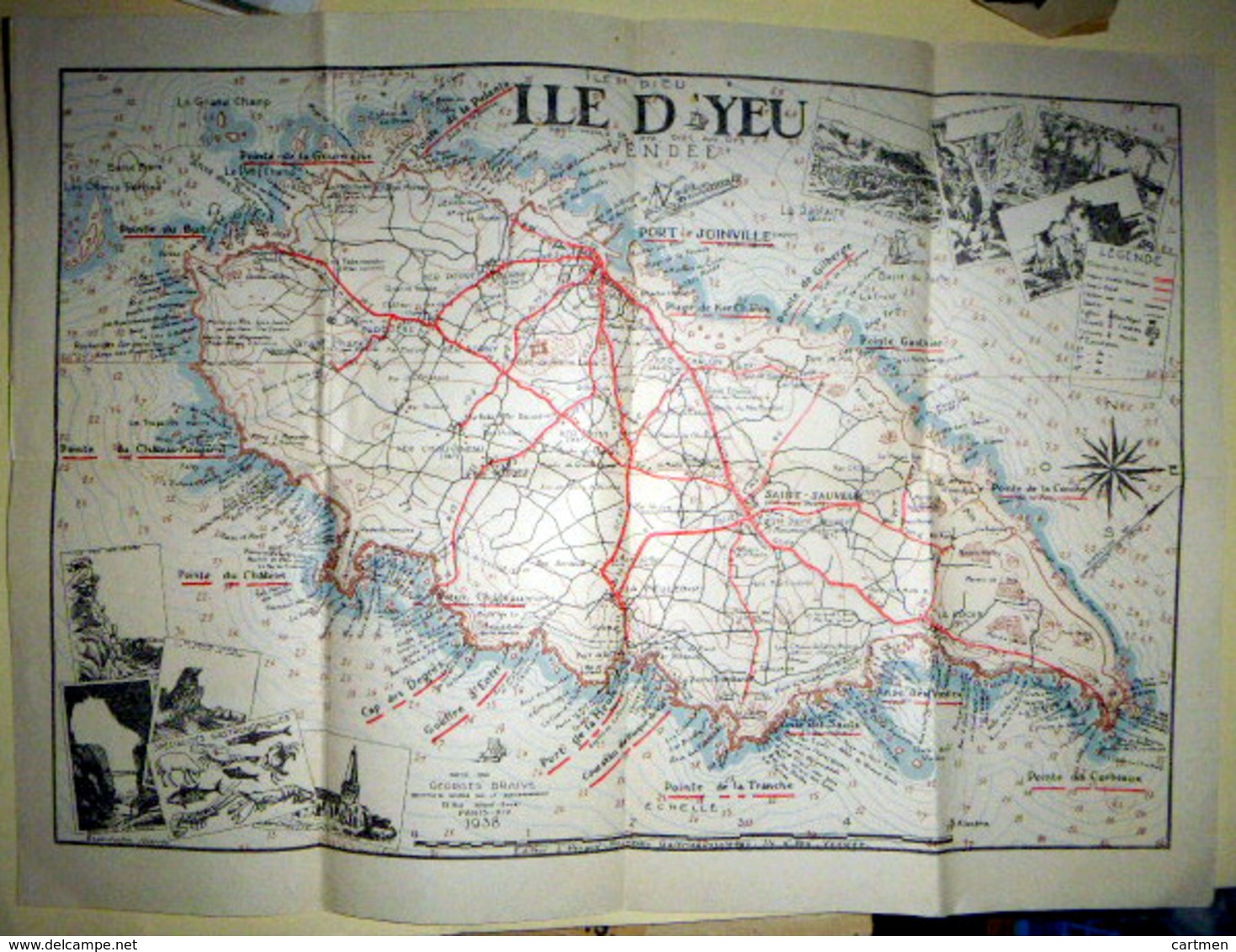 85 ILE D'YEU CARTE ANCIENNE DE L'ILE AVEC SES ROUTES CAPS VILLES VILLAGES COURBES NIVEAU 1938  37 X 27 TRES BEL ETAT - Cartes Topographiques