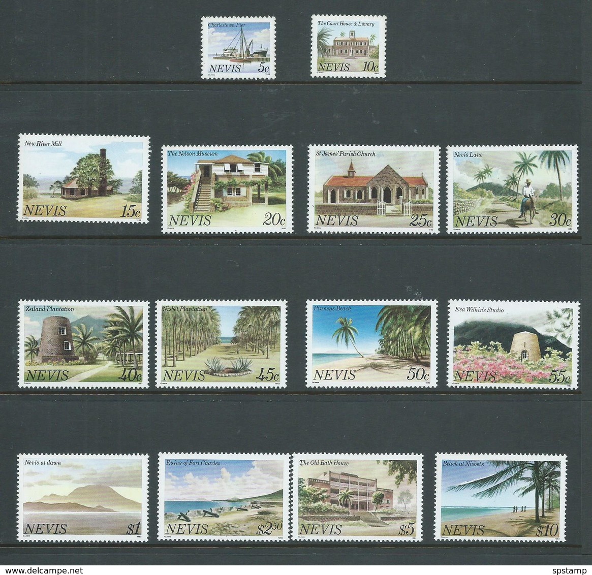 Nevis 1981 Scene Definitive Set 14 Inscribed 1982 At Base  MNH , 3 Lower Value With Tone Spots - St.Kitts And Nevis ( 1983-...)