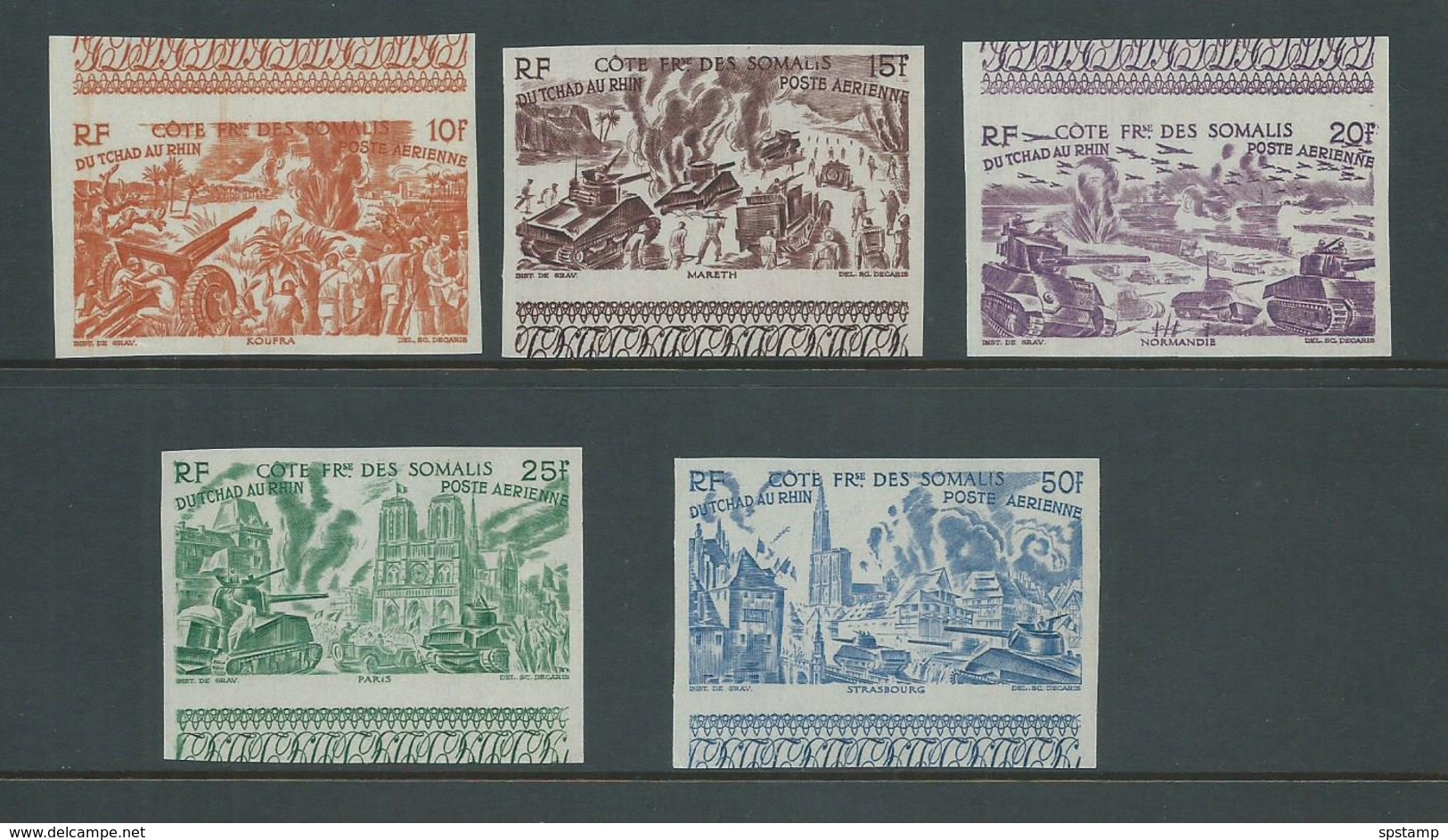 Somali Coast 1946 Du Tchad Au Rhin Part Set Of 5 10 Fr To 50 Fr Imperforate Marginal MNH - Nuevos