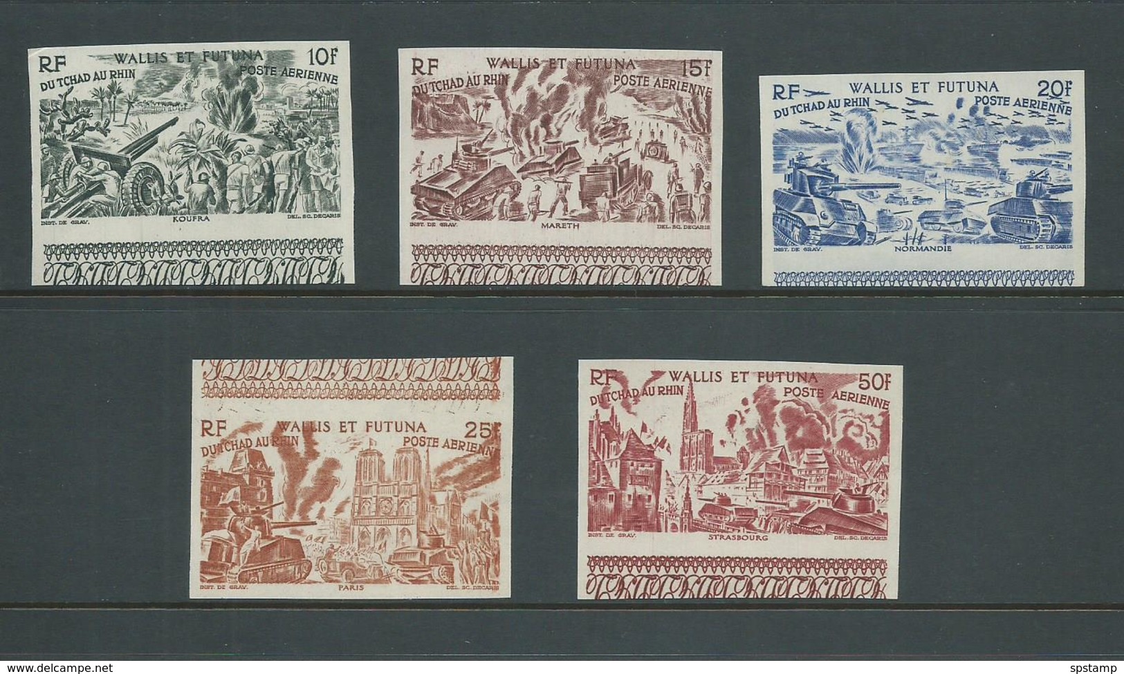 Wallis & Futuna Islands 1946 Du Tchad Au Rhin Part Set Of 5 10 Fr To 50 Fr Imperforate Marginal MNH - Neufs