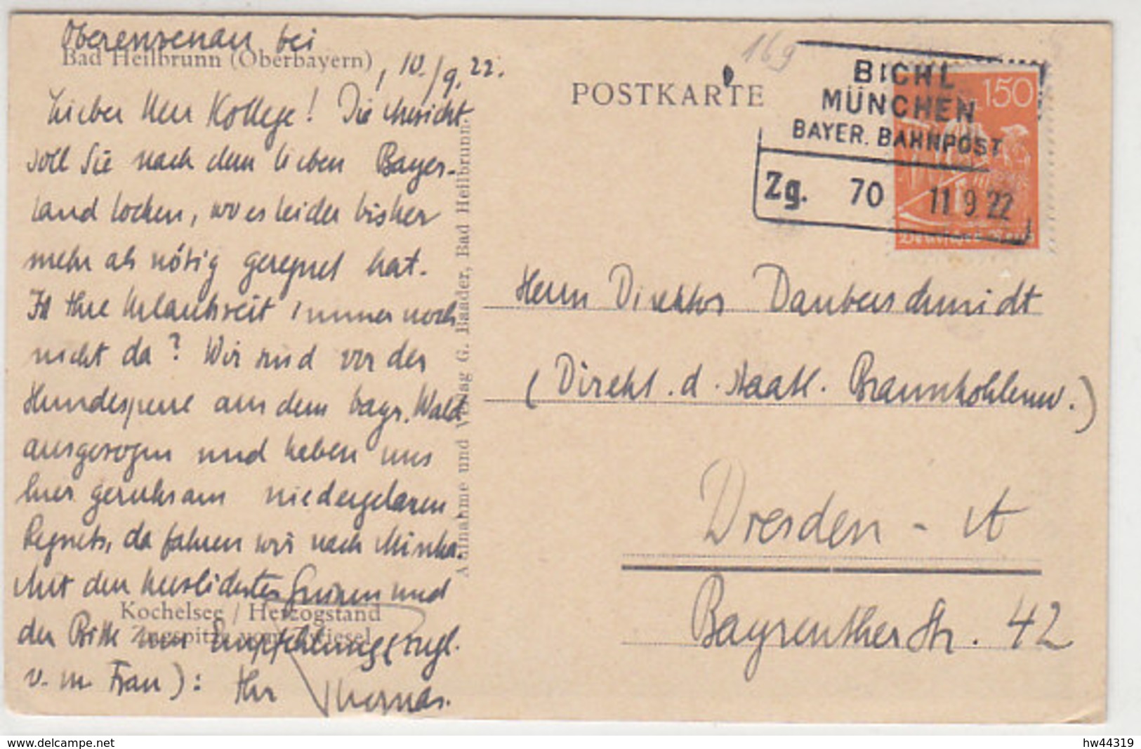 BAHNPOST Bichl München Bayer. Bahnpost Zg. 70 11.9.22 Nach Dresden - Briefe U. Dokumente