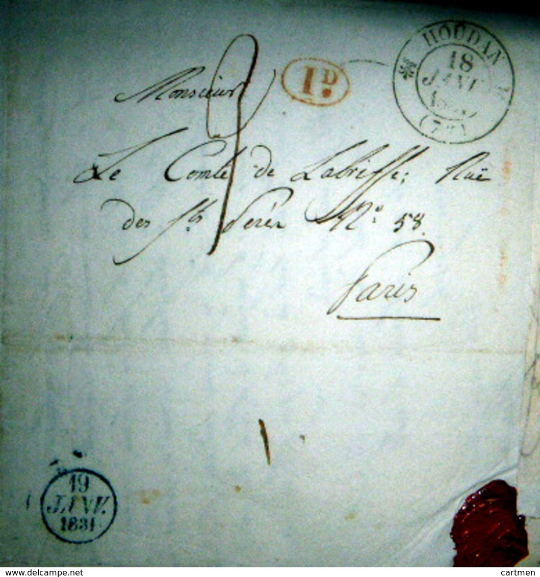 78 HOUDAN   CACHET POSTAL  ET NOMBREUX TAMPONS  SUR LETTRE EXPEDIEE AU COMTE DE LA BISSE 1831 - 1801-1848: Precursors XIX