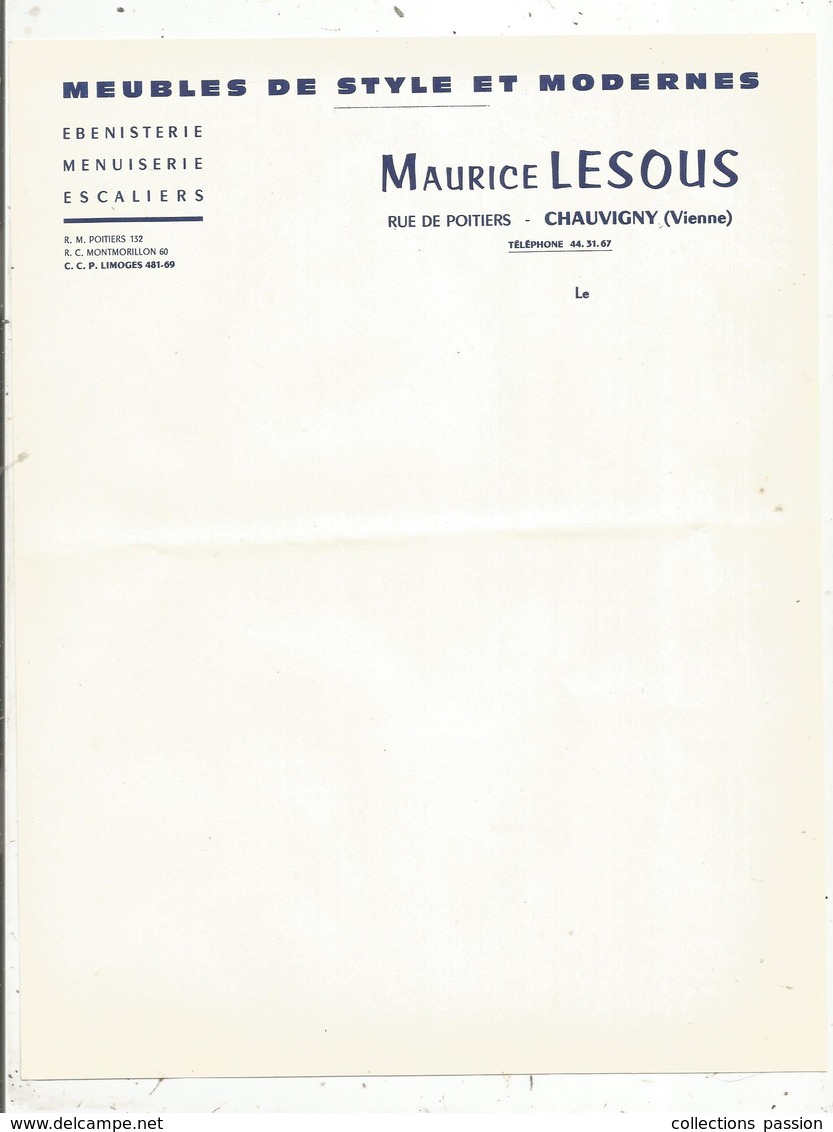 Facture , CHAUVIGNY , Vienne , Vierge , Meubles De Style Et Modernes, Maurice LESOUS , Frais Fr 1.55 E - Cars