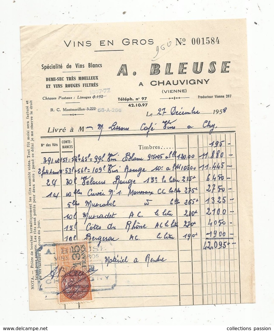 Facture , CHAUVIGNY , Vienne , 1958 , Vins En Gros , A. Bleuse , Timbrée , Frais Fr 1.45 E - Autres & Non Classés