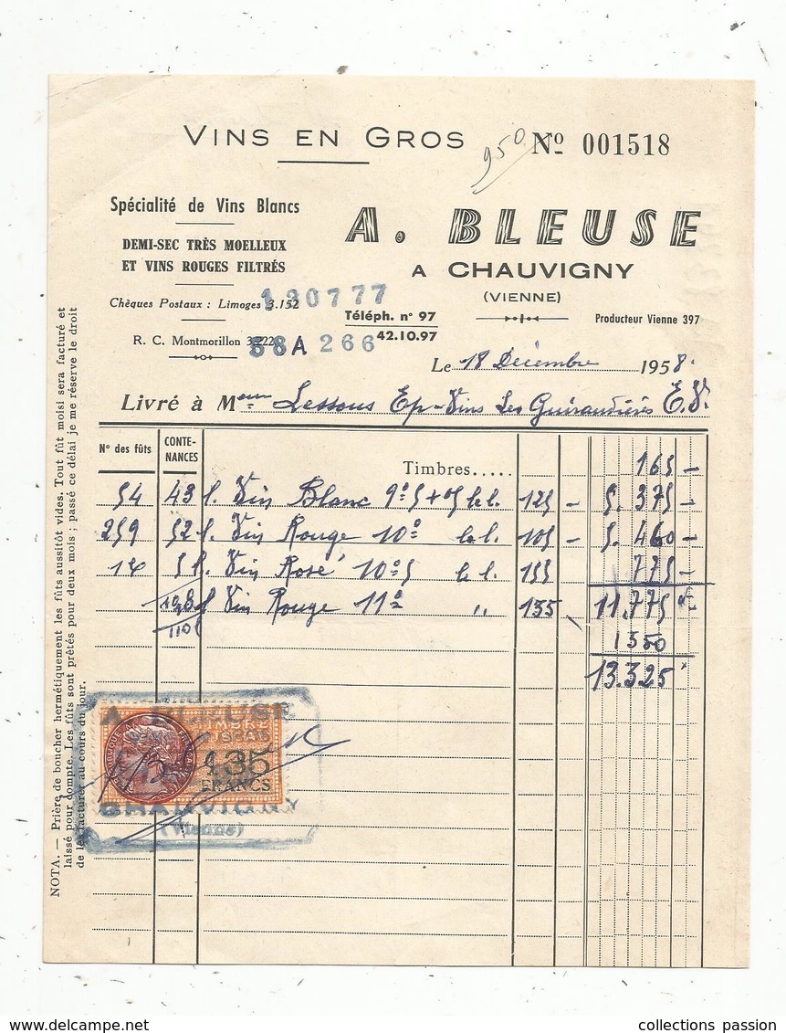 Facture , CHAUVIGNY , Vienne , 1958 , Vins En Gros , A. Bleuse , Timbrée , Frais Fr 1.45 E - Autres & Non Classés