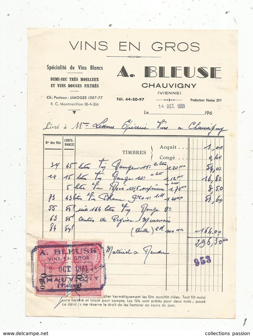 Facture , CHAUVIGNY , Vienne , 1961 , Vins En Gros , A. Bleuse , Timbrée , Frais Fr 1.45 E - Autres & Non Classés