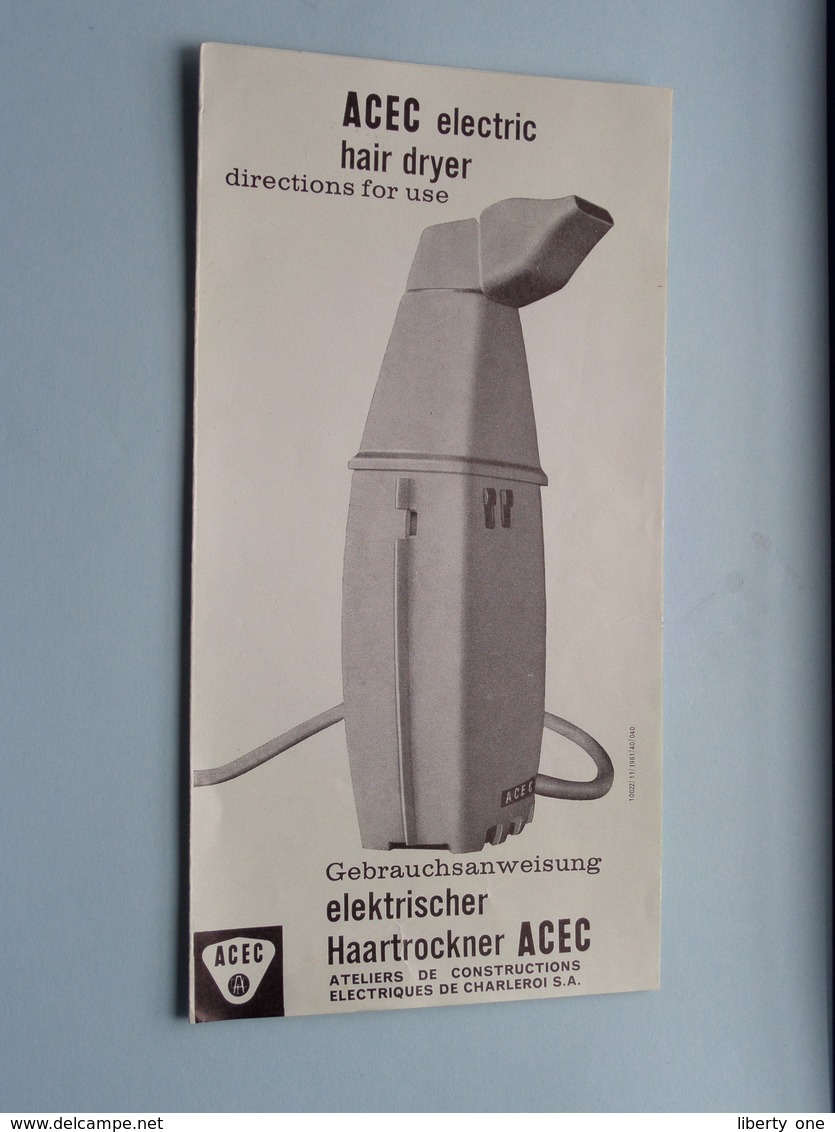 ACEC Electric HAIR DRYER Directions For Use / Gebrauchsanweisung ( Zie Foto ) 10022/11/1961/40/040 ! - Sèche-cheveux Anciens