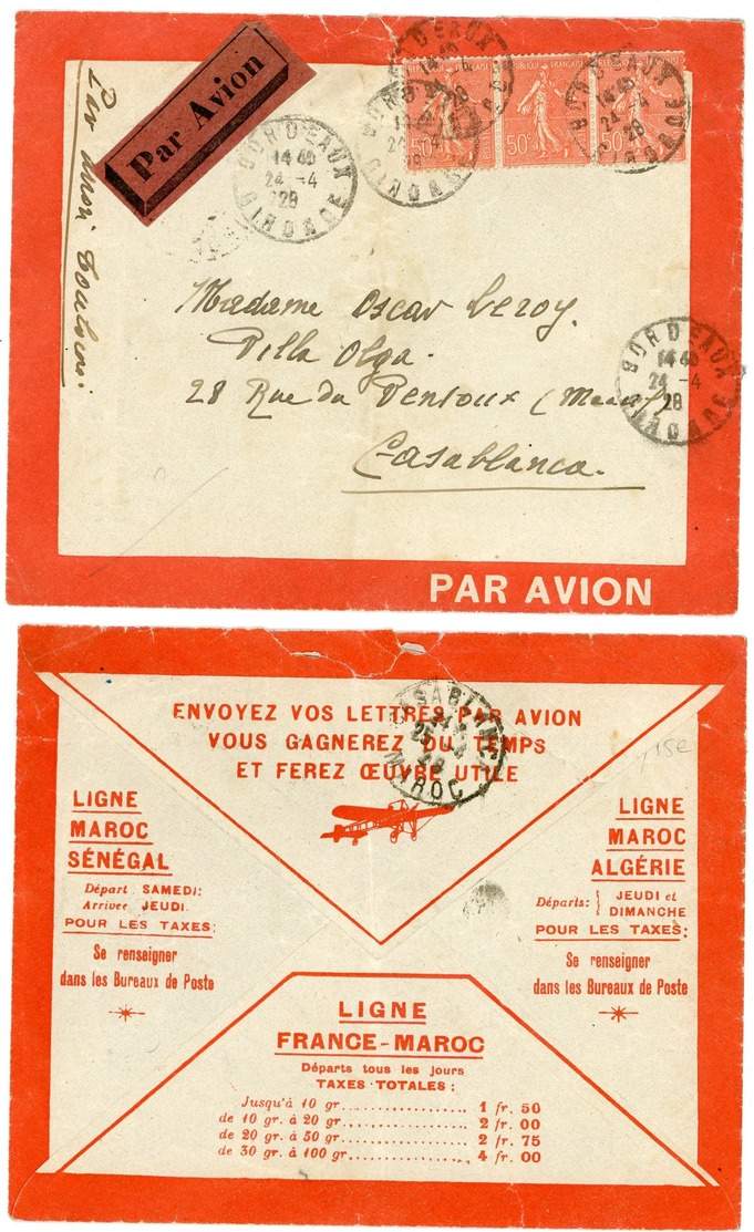 GIRONDE ENV 1928 BORDEAUX SUPERBE ENVELOPPE LETTRE AVION POUR MAROC CASABLANCA VERSO TARIFS FRANCE MAROC . - Lettres & Documents