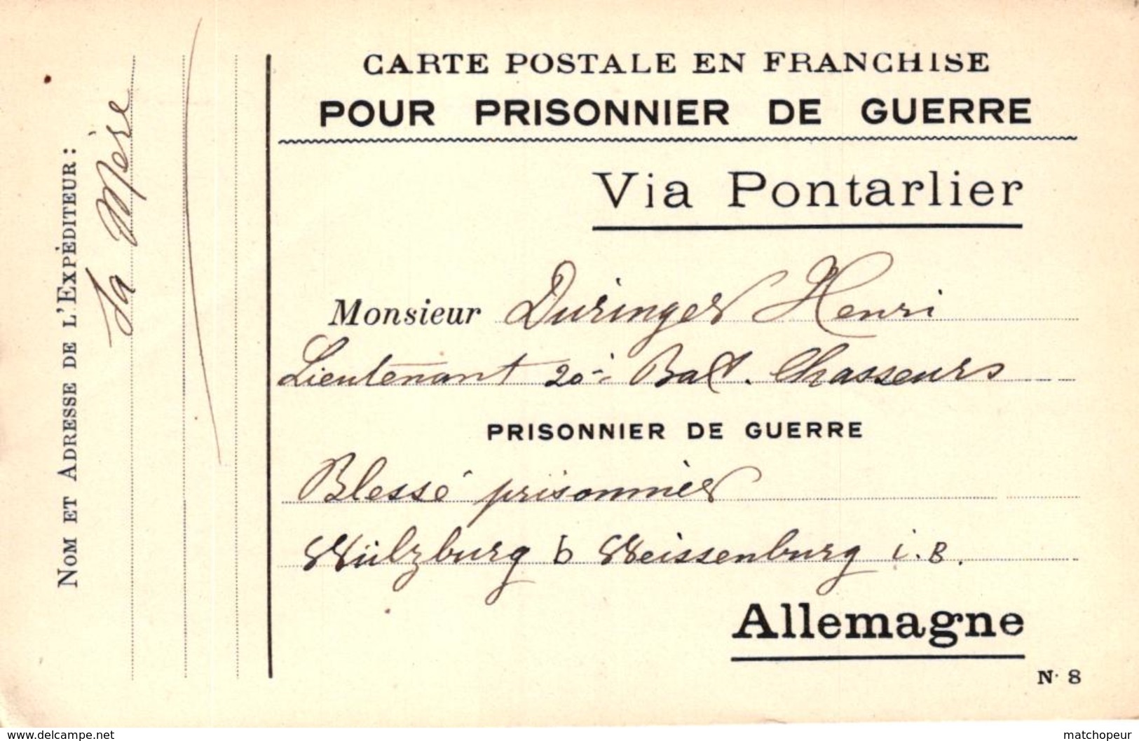 CARTE POSTALE EN FRANCHISE POUR PRISONNIER DE GUERRE - VIA PONTARLIER - - Guerre 1914-18
