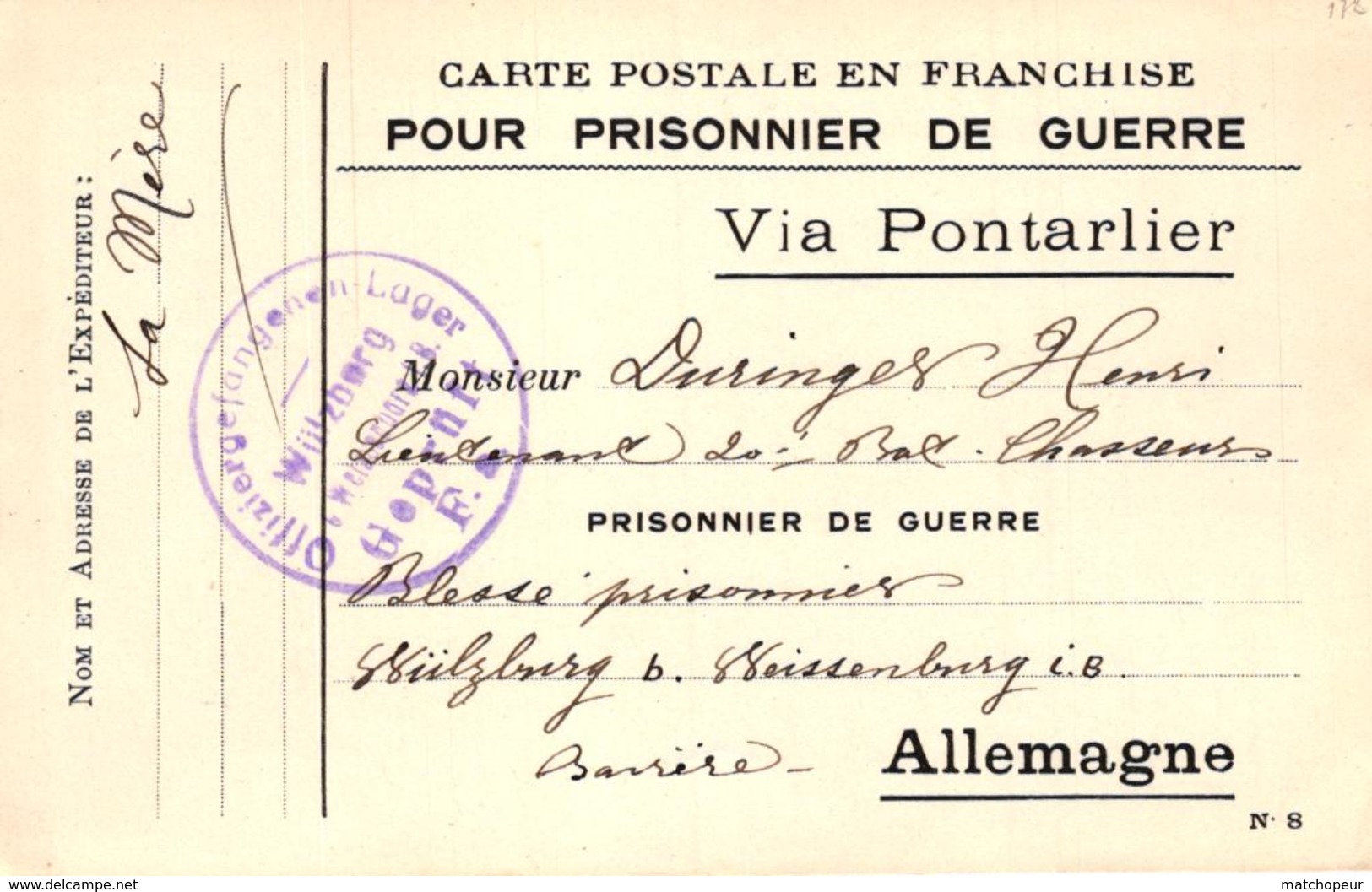 CARTE POSTALE EN FRANCHISE POUR PRISONNIER DE GUERRE - VIA PONTARLIER - Guerre 1914-18