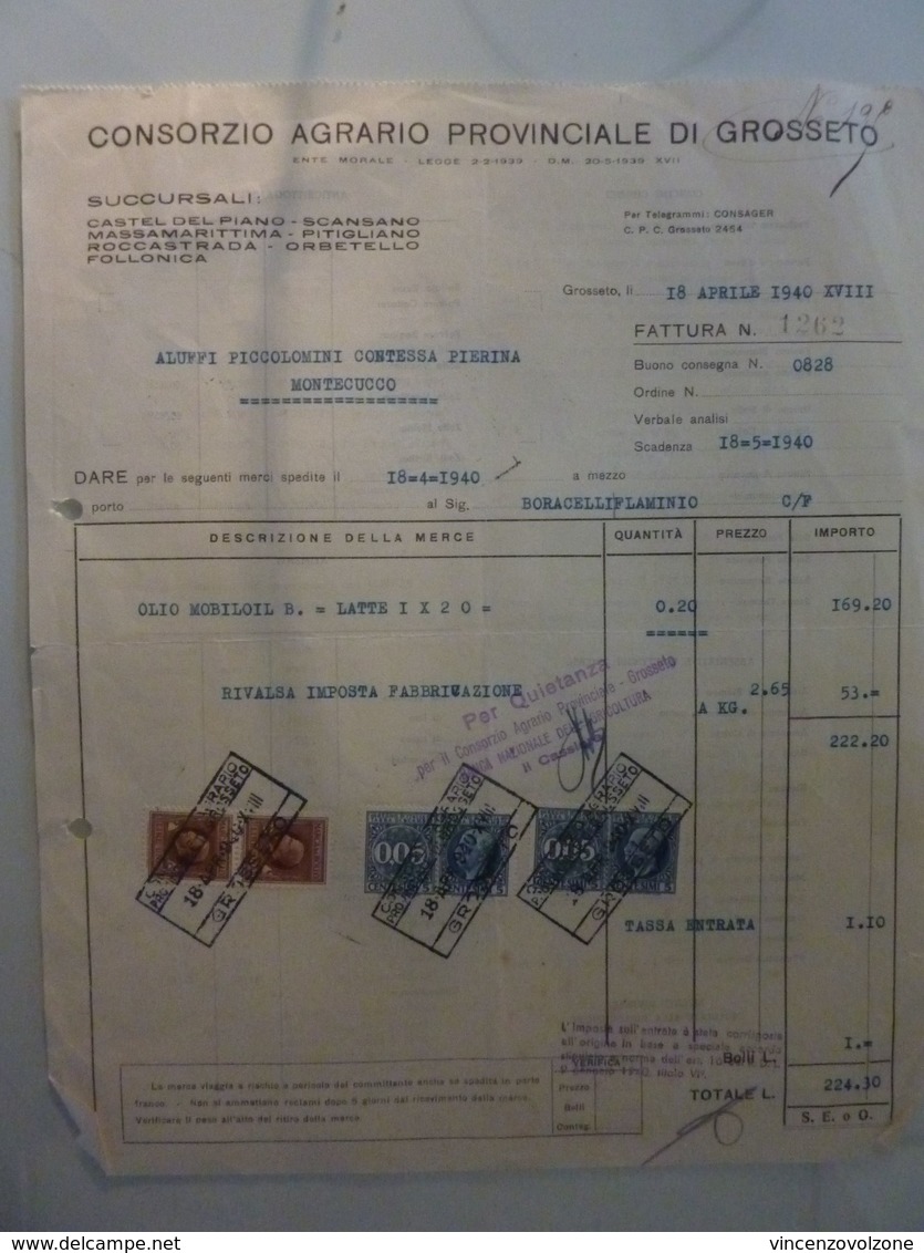 Fattura "CONSORZIO AGRARIO PROVINCIALE DI GROSSETO"  1940 - Italia
