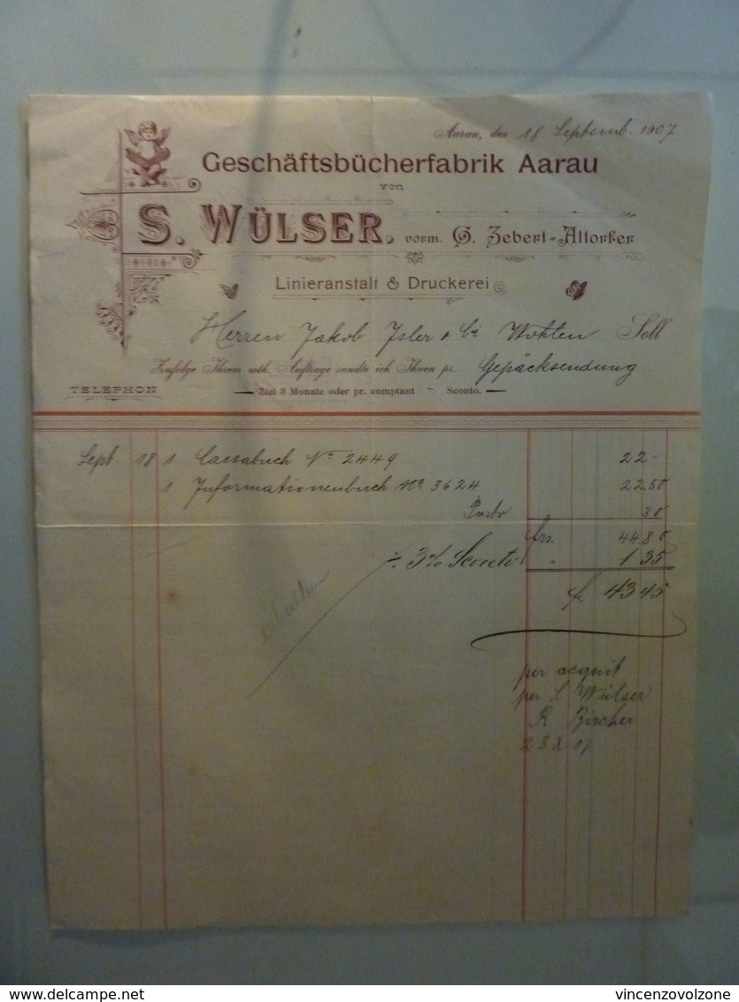 Fattura "S. WULSER  AARU" 1907 - Suiza