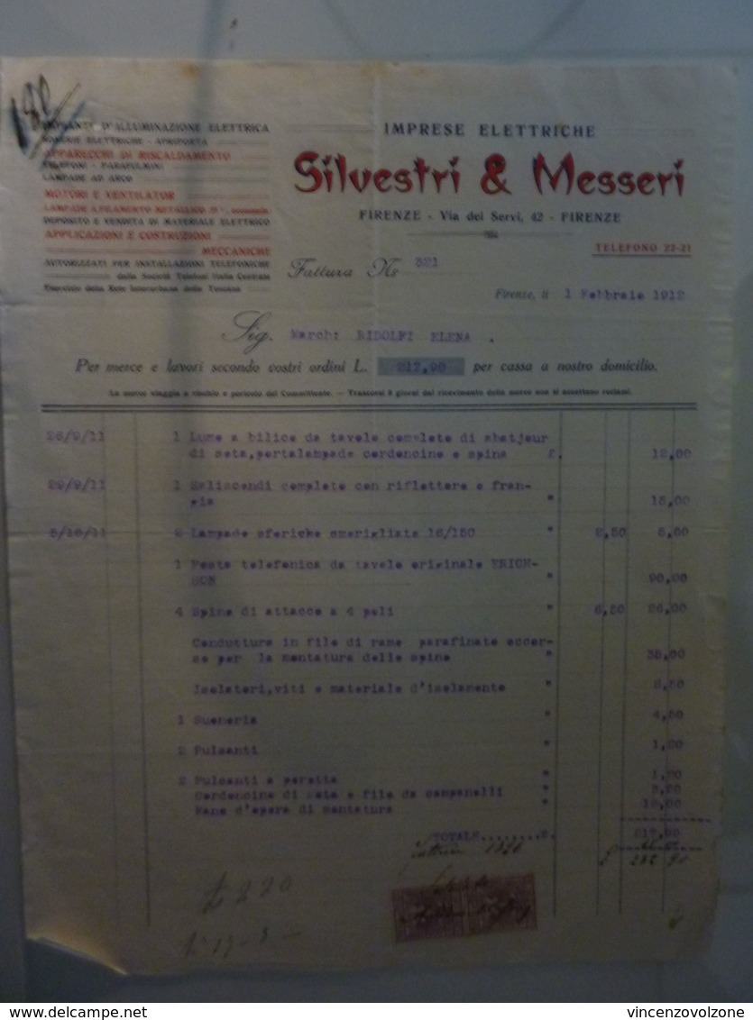 Fattura "IMPRESE ELETTRICHE SILVESTRI & MESSERI Firenze" 1912 - Italia