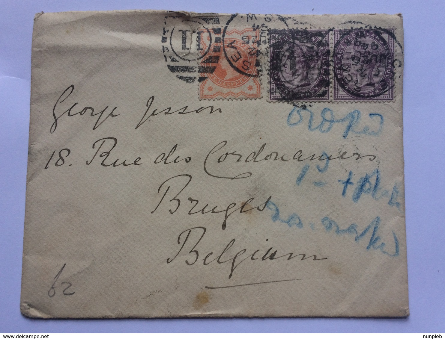 GB Victoria 1894 Cover Chelsea Duplex Sent To Bruges Belgium - Cartas & Documentos