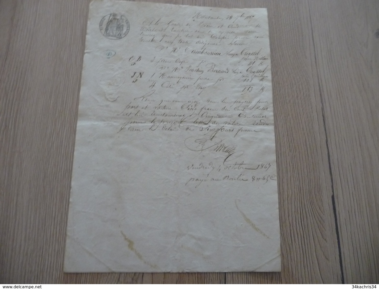 Roulage Lettre De Voiture Manuscrit TP Fiscal 1867 Montauban à Creyssel Aveyron - Verkehr & Transport