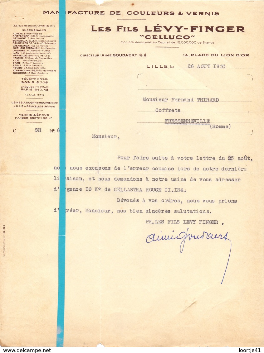 Factuur Facture - Manufacture De Couleurs & Vernis - Les Fils Lévy - Finger - Celluco - Lille 1933 - Autres & Non Classés