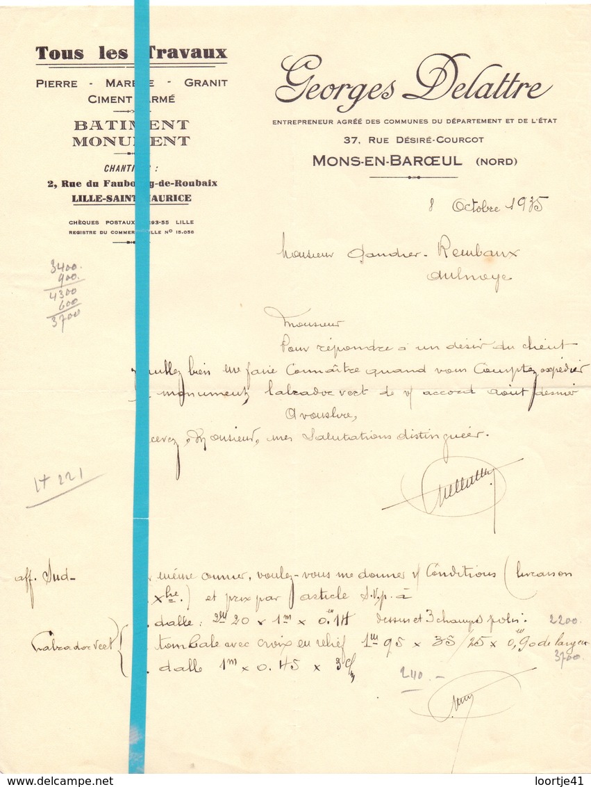 Factuur Facture - Tous Les Travaux - Georges Delattre - Mons En Baroeul - 1935 - Autres & Non Classés