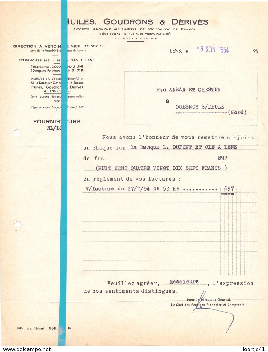 Factuur Facture - Huiles Goudrons & Dérivés - Lens 1954 - Autres & Non Classés