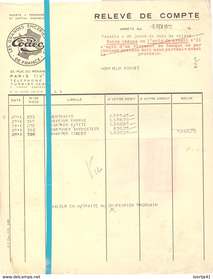 Factuur Facture - Les Grandes Epiceries Codec - Paris - 6 Feb 1941 - Autres & Non Classés
