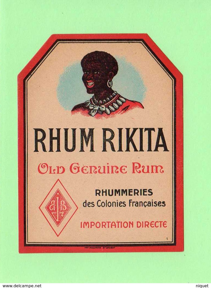 Etiquette Rhum Rikita, Old Genuine Rum, Rhummeries Des Colonies Françaises, Visage Femme  Créole - Rhum