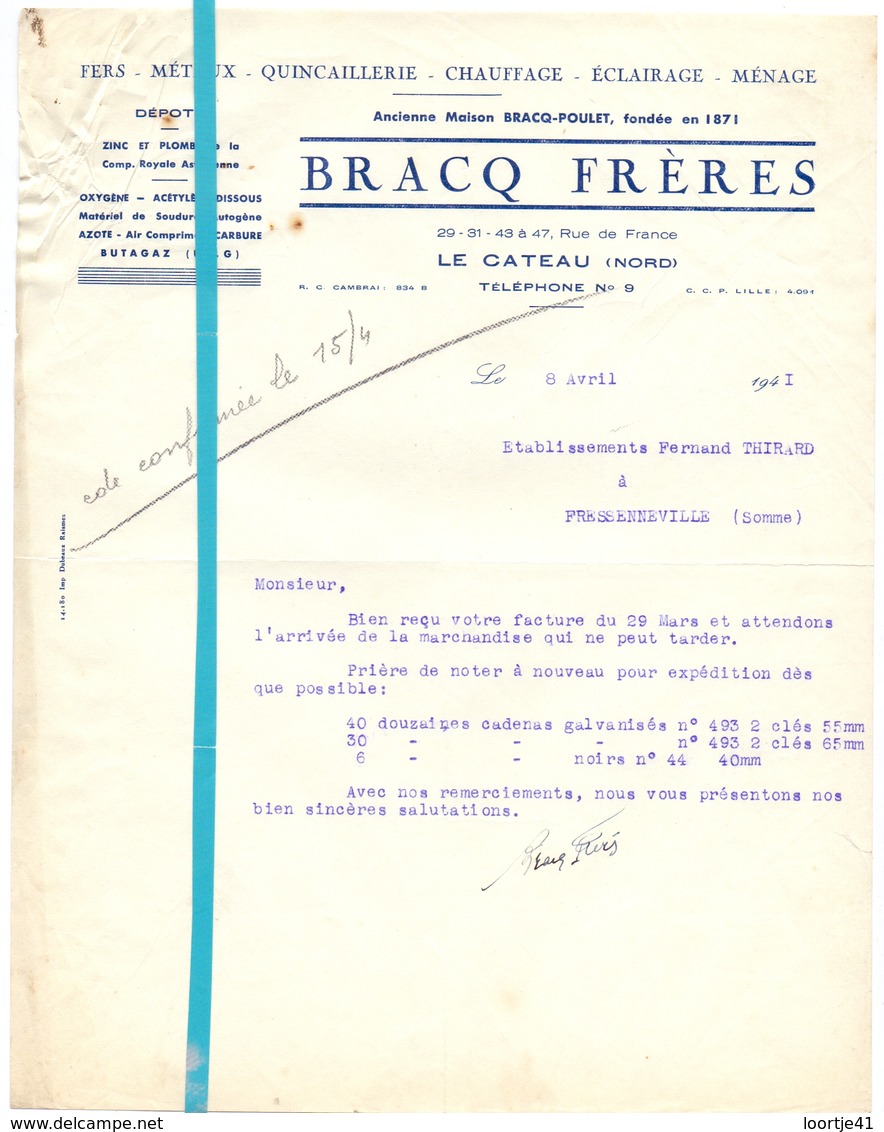 Factuur Facture - Fers & Metaux - Bracq Frères - Le Cateau - 8 Avril 1941 - Autres & Non Classés