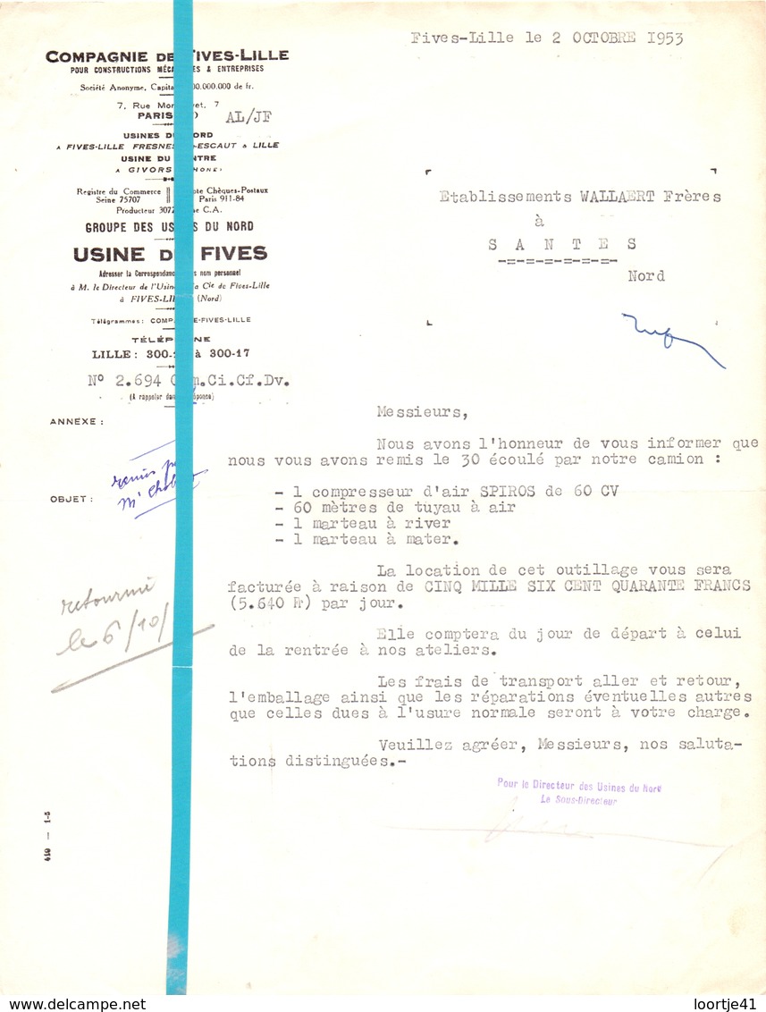 Factuur Facture - Compagnie De Fives - Lille 1953 - Autres & Non Classés