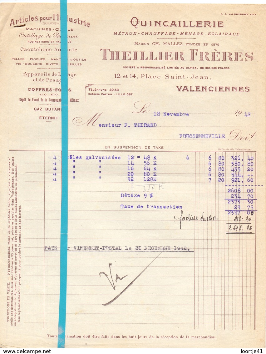 Factuur Facture - Quincaillerie Theillier Frères - Valenciennes - 18 Nov 1942 - Autres & Non Classés