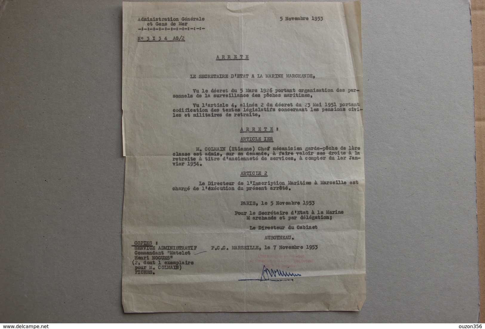 Administration Générale Et Gens De Mer, Marine Marchande, Mise à La Retraite, 1953 - Collections