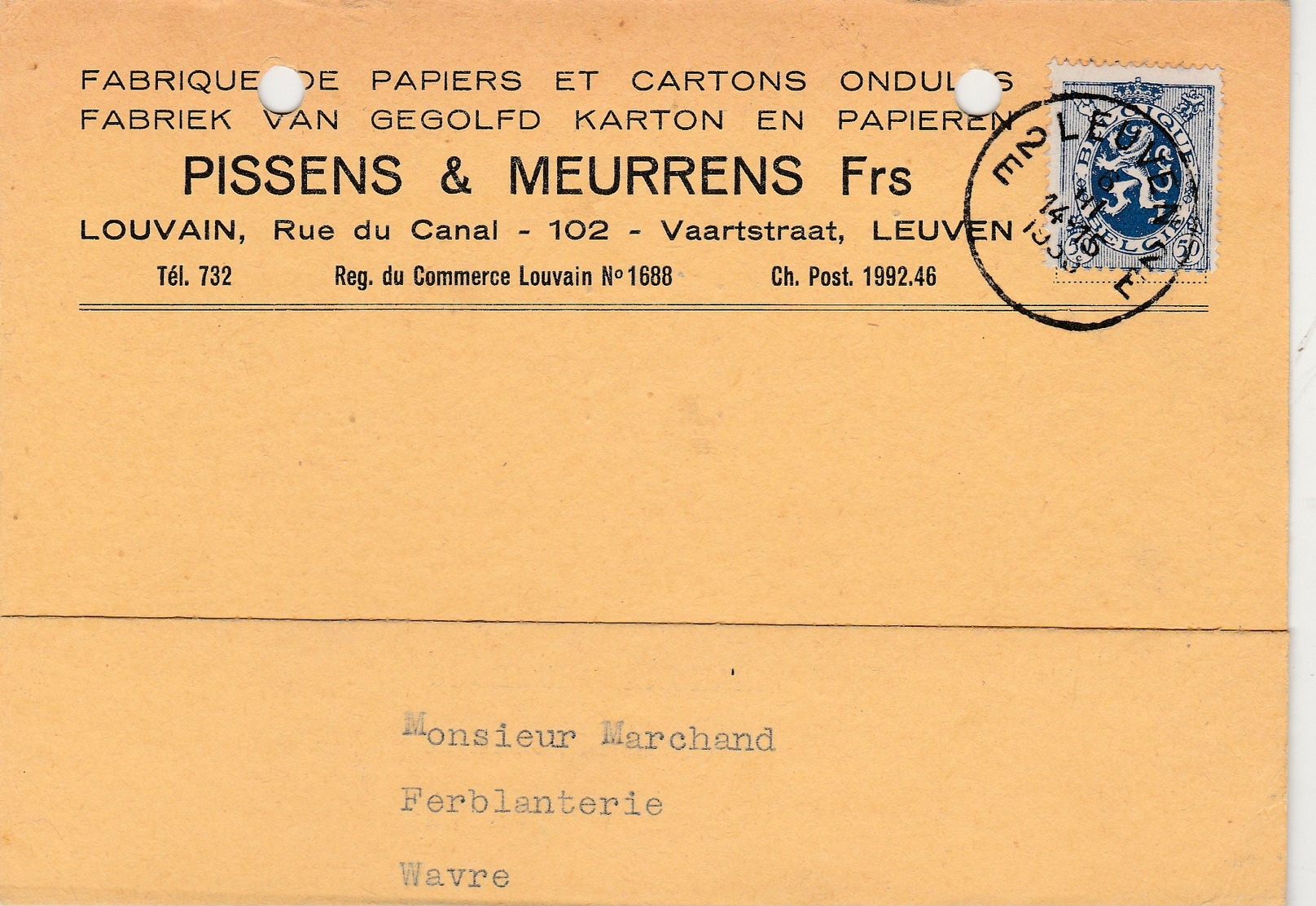 Leuven,Louvain, Carte Publicitaire Pissens & Meurens Frs ,fabriek Van Gegolfd,karton,papieren;papiers Et Cartons Ondulés - Leuven