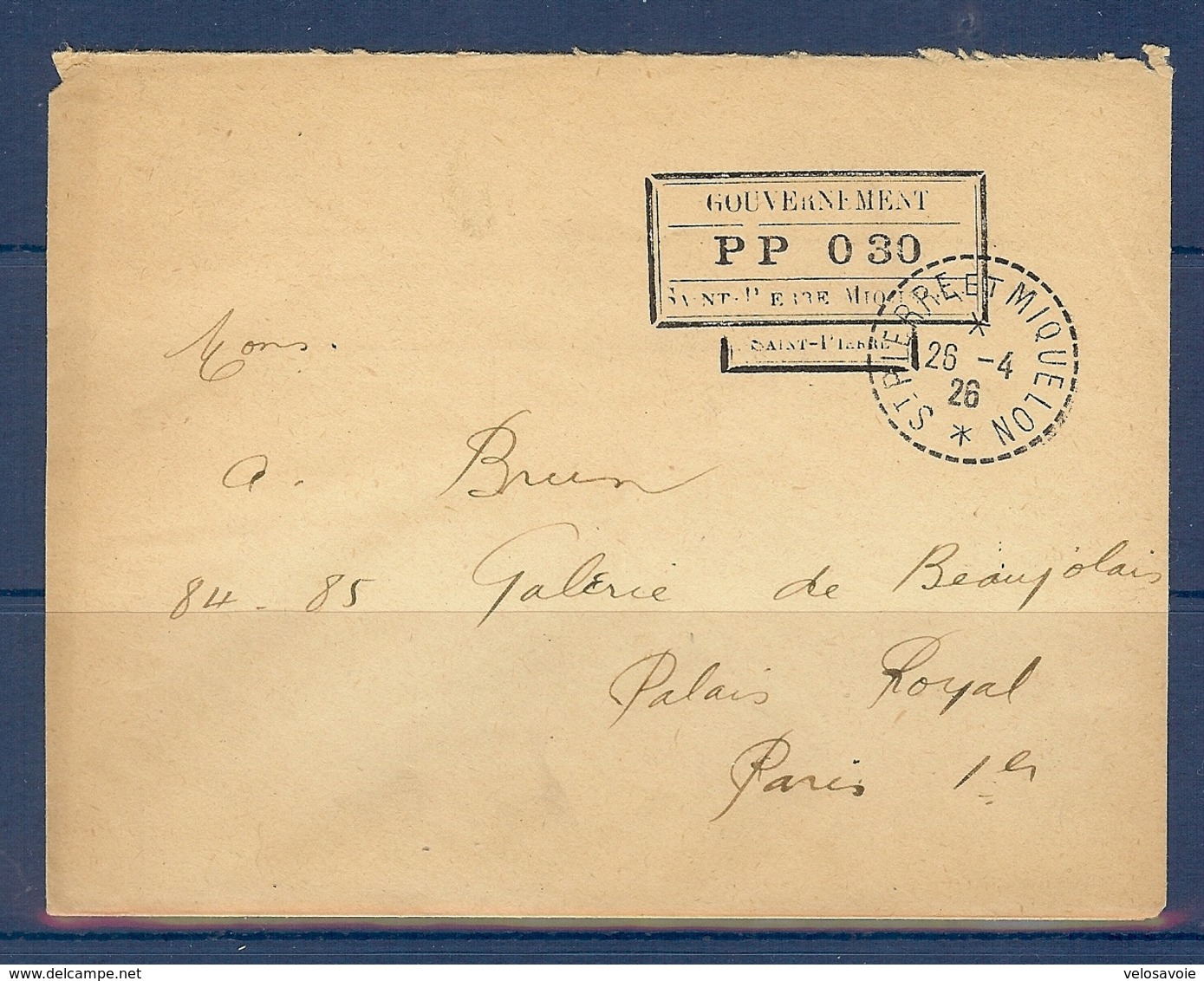 ST PIERRE LETTRE AVEC CACHET GOUVERNEMENT PP 030 ST PIERRE DU 26/04/26 - Briefe U. Dokumente