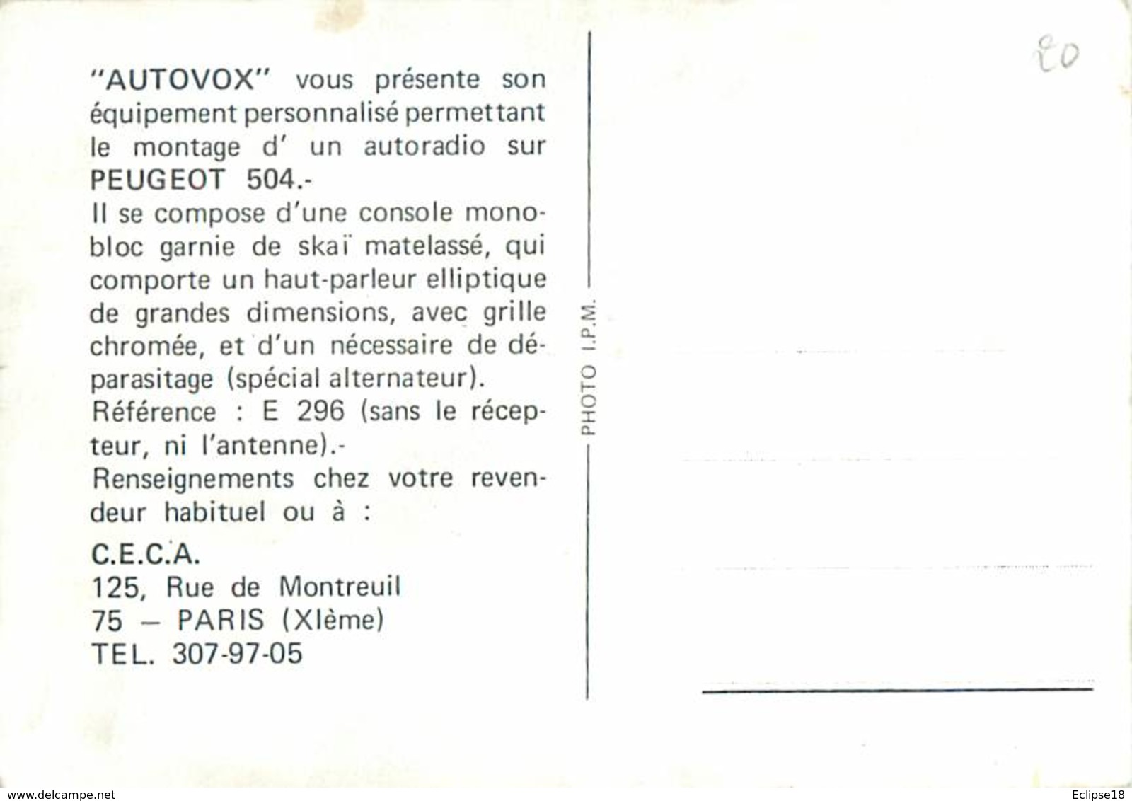 Automobile -  Autovox Autoradio Sur Peugeot 504    W 251 - Other & Unclassified