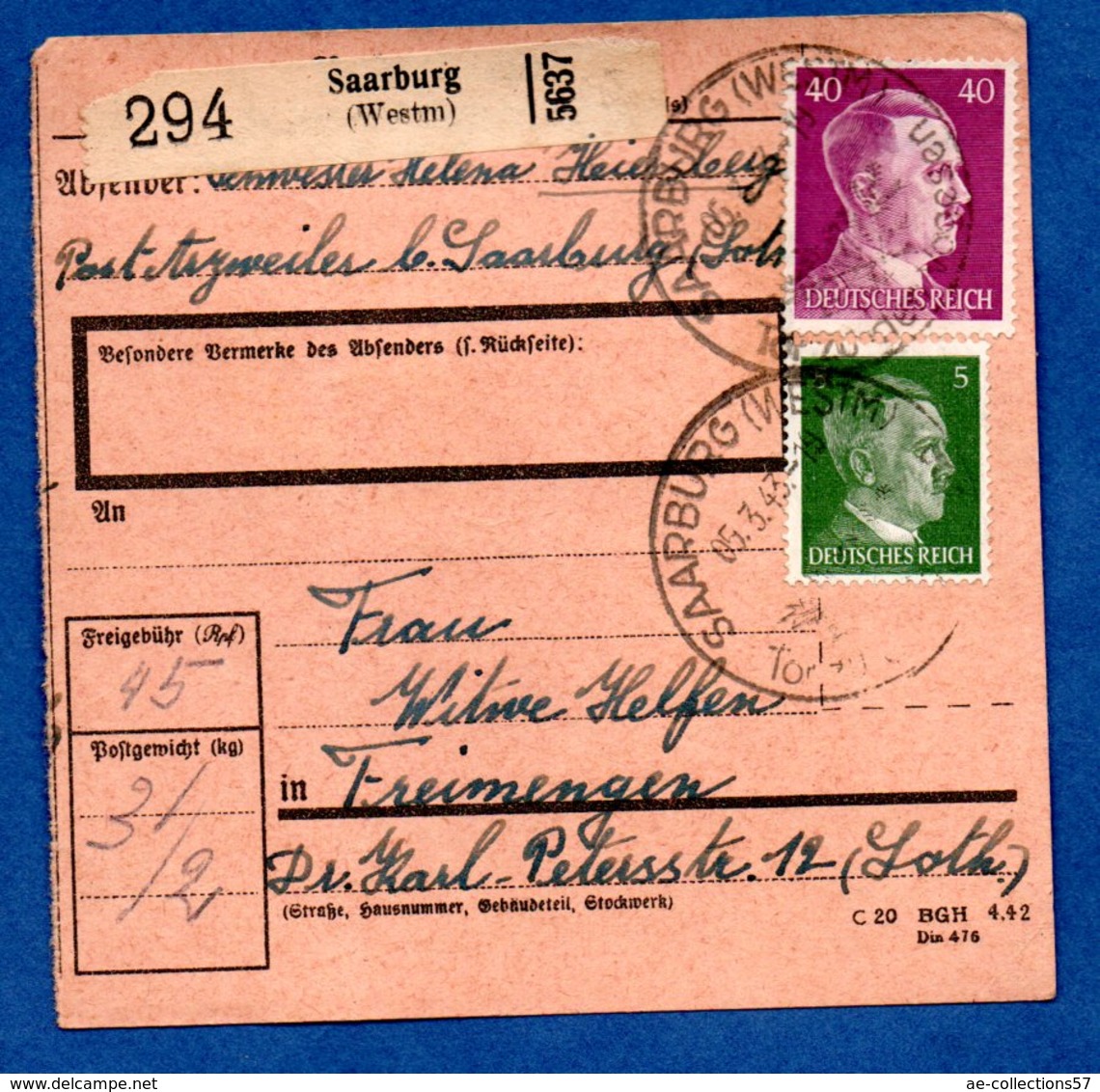 Colis Postal  -   Départ  Sarrebourg  --  05/3/1943 - Lettres & Documents