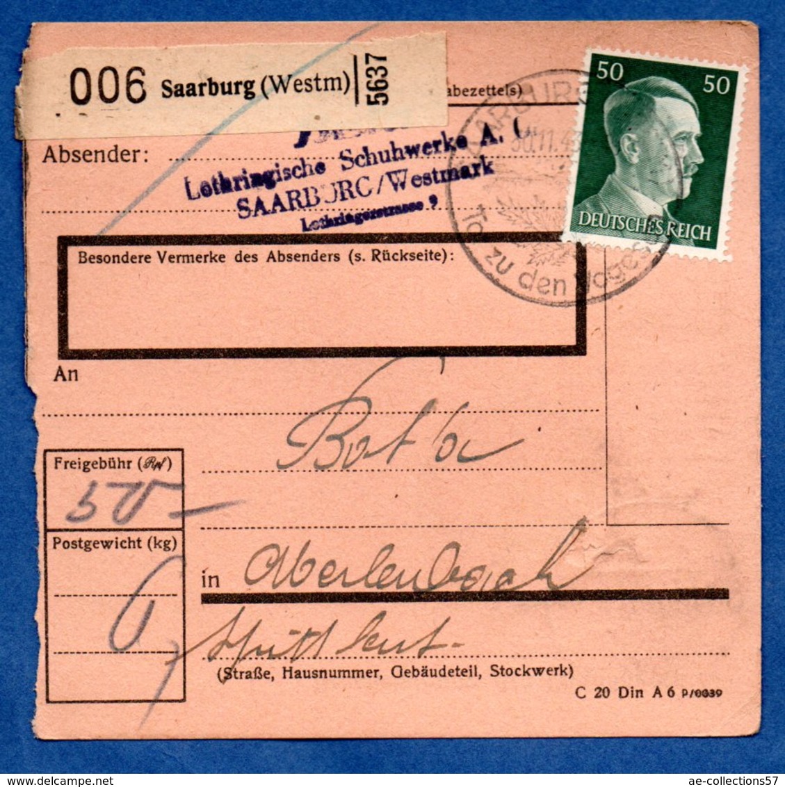 Colis Postal  -   Départ  Sarrebourg  --  30/11/1943 - Lettres & Documents