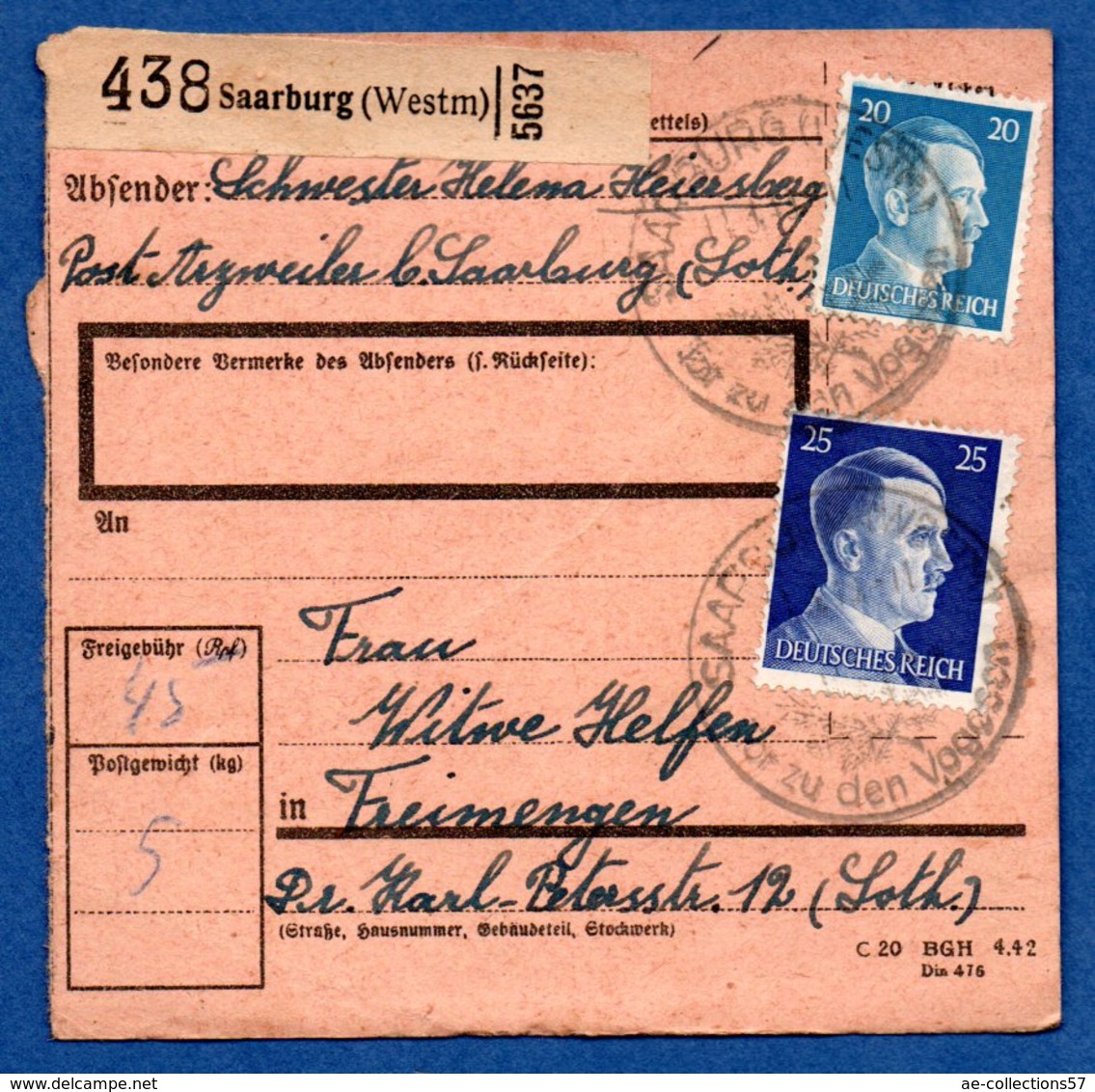 Colis Postal  -   Départ  Sarrebourg  -- /3/1943 - Lettres & Documents