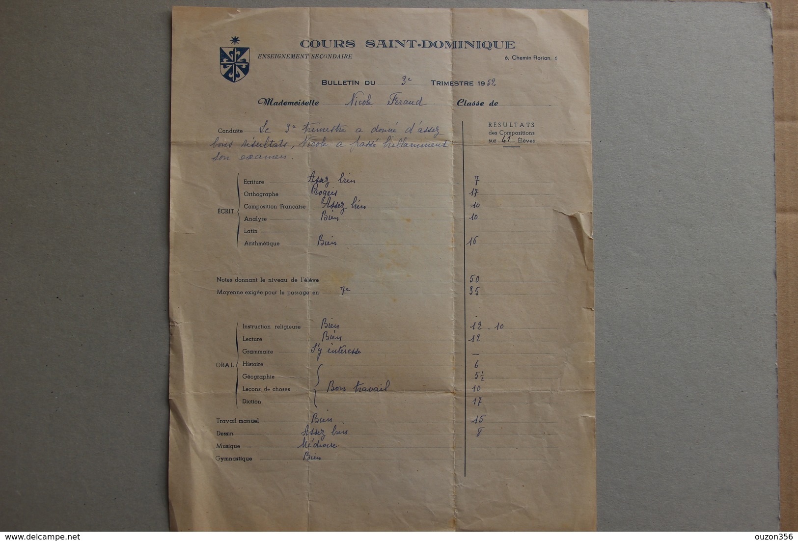 Bulletin Cours Saint-Dominique à La Celle (Var), 1952 - Diplômes & Bulletins Scolaires