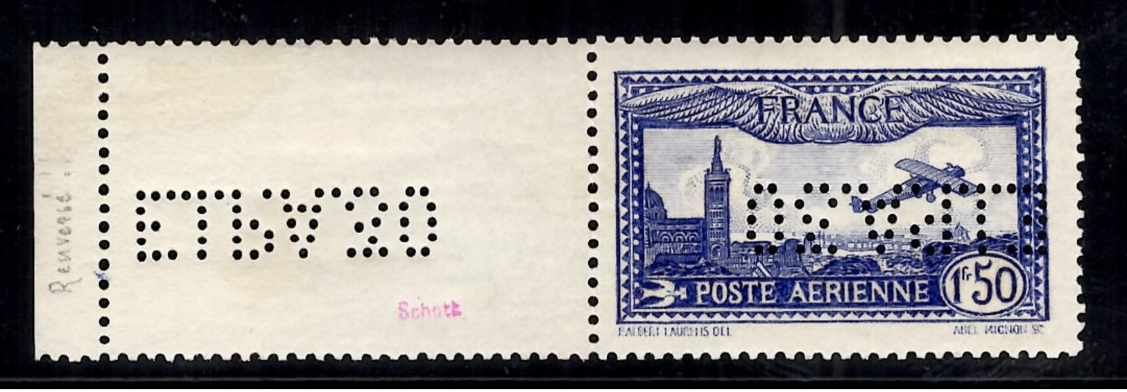 France Poste Aérienne YT N° 6c Superbe Bord De Feuille Perforation Renversée Neuf ** MNH. Signé Schott. TB. A Saisir! - 1927-1959 Neufs