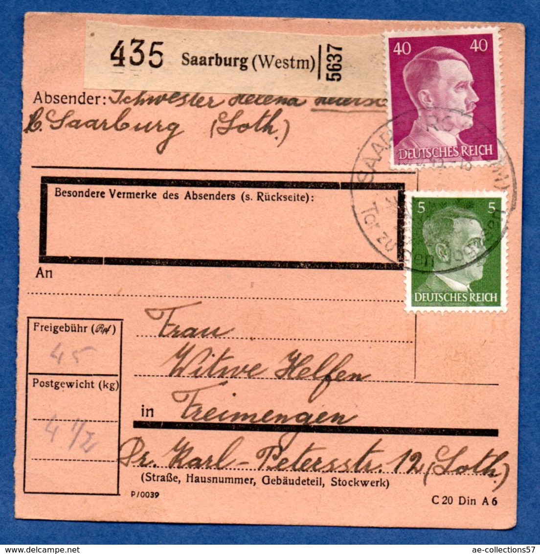 Colis Postal  -   Départ  Sarrebourg  -- 14/9/1943 - Lettres & Documents