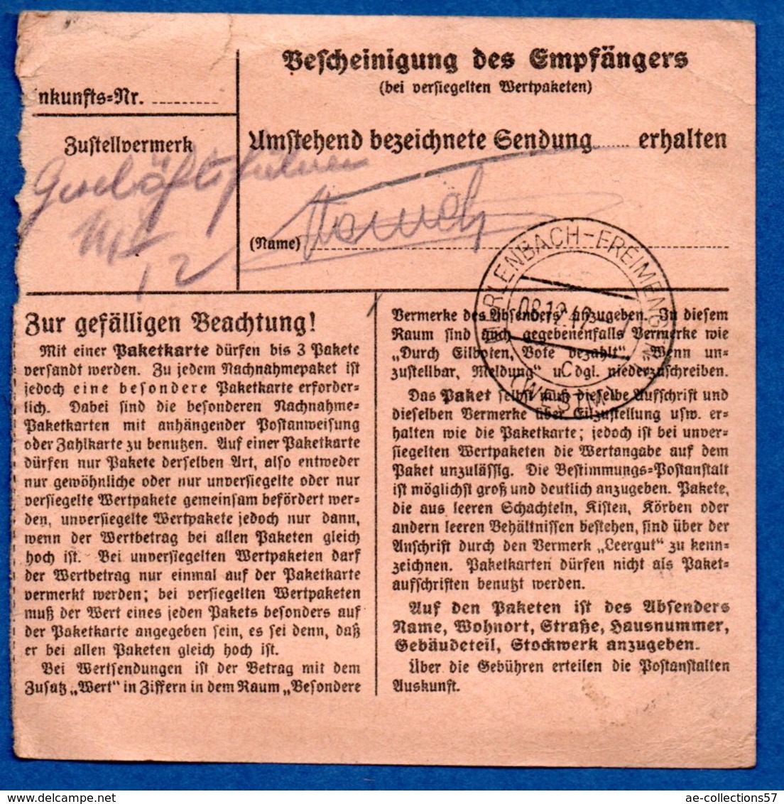 Colis Postal  -   Départ  Sarrebourg  -- 08/12/1942 - Lettres & Documents