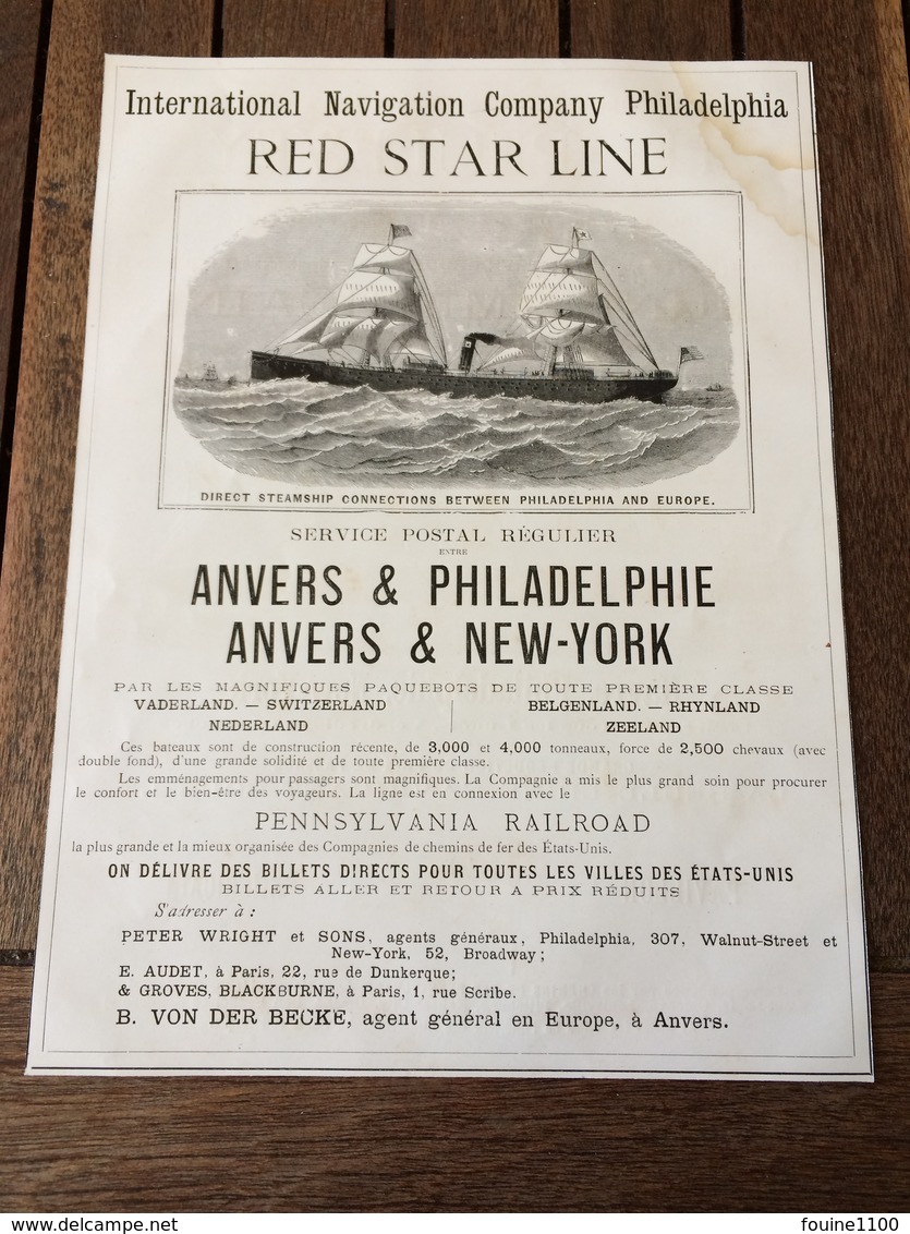 Agent PEULEVEY à LE HAVRE Liverpool Philadelphie New York RED STAR LINE  Anvers Pennsyvania Railroad  Bateau Maritime - 1800 – 1899