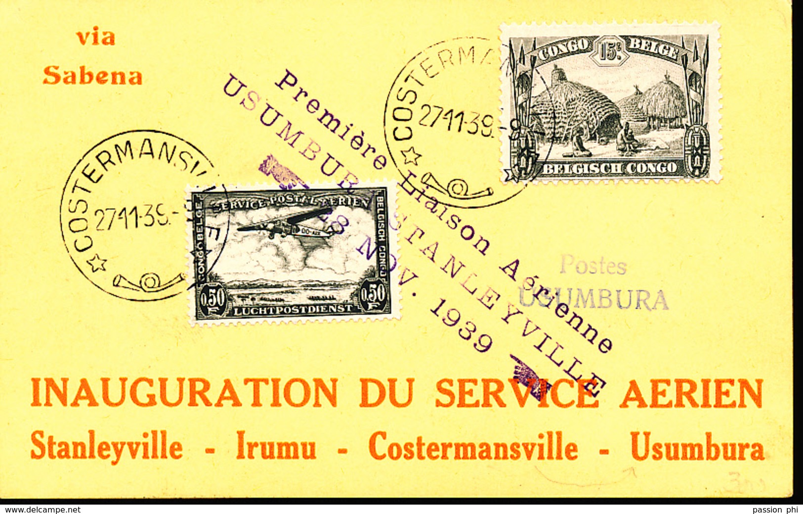 BELGIAN CONGO  AIR FIRST FLIGHT FROM COSTERMANSVILLE 27.11.39 TO USUMBURA - Lettres & Documents