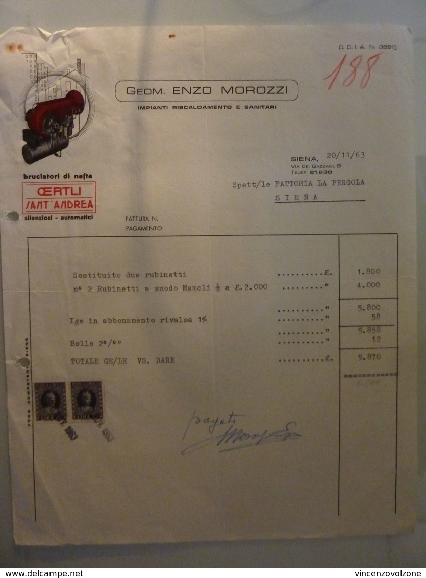 Fattura "GEOM. ENZO MOROZZI Impianti Di Riscaldamento E Sanitari SIENA" 1963 - Italia