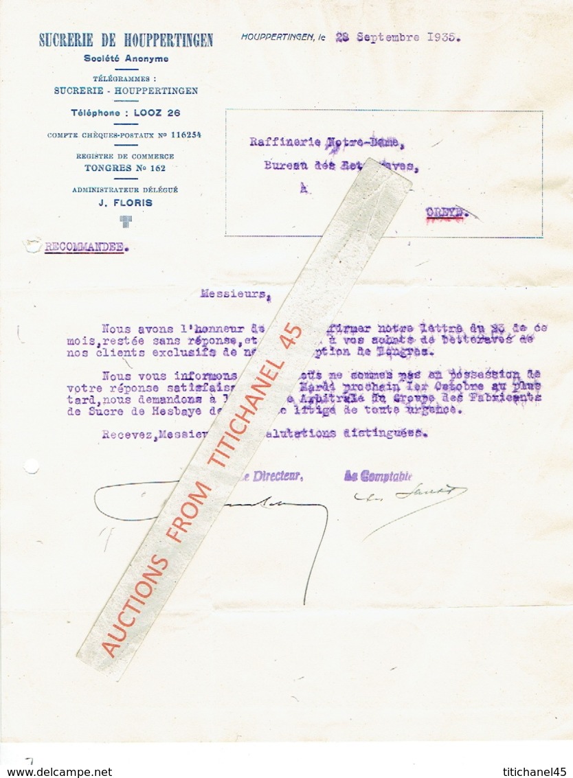 Brief Van 1935 - HOEPERTINGEN - SUCRERIE DE HOUPPERTINGEN - Suikerfabriek - Sonstige & Ohne Zuordnung