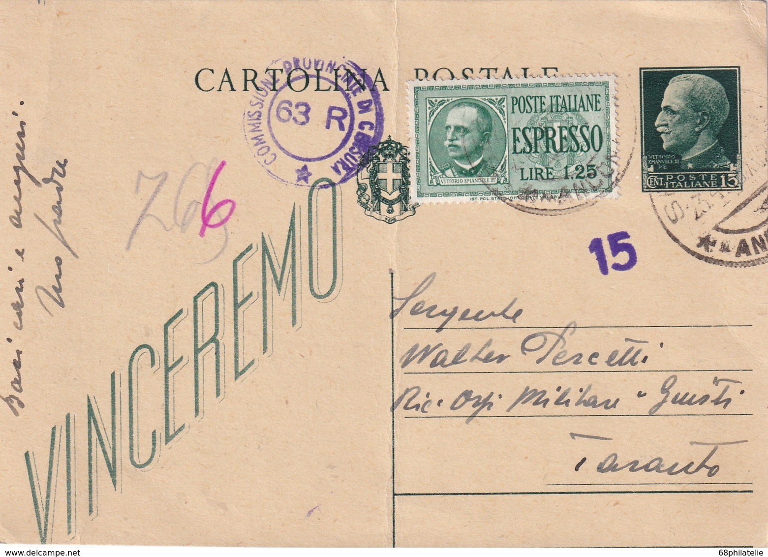 ITALIE  1943    ENTIER POSTAL/GANZSACHE/POSTAL STATIONERY  CARTE EXPRES  DE ANCONA CENSUREE POUR TORONTO - Entiers Postaux