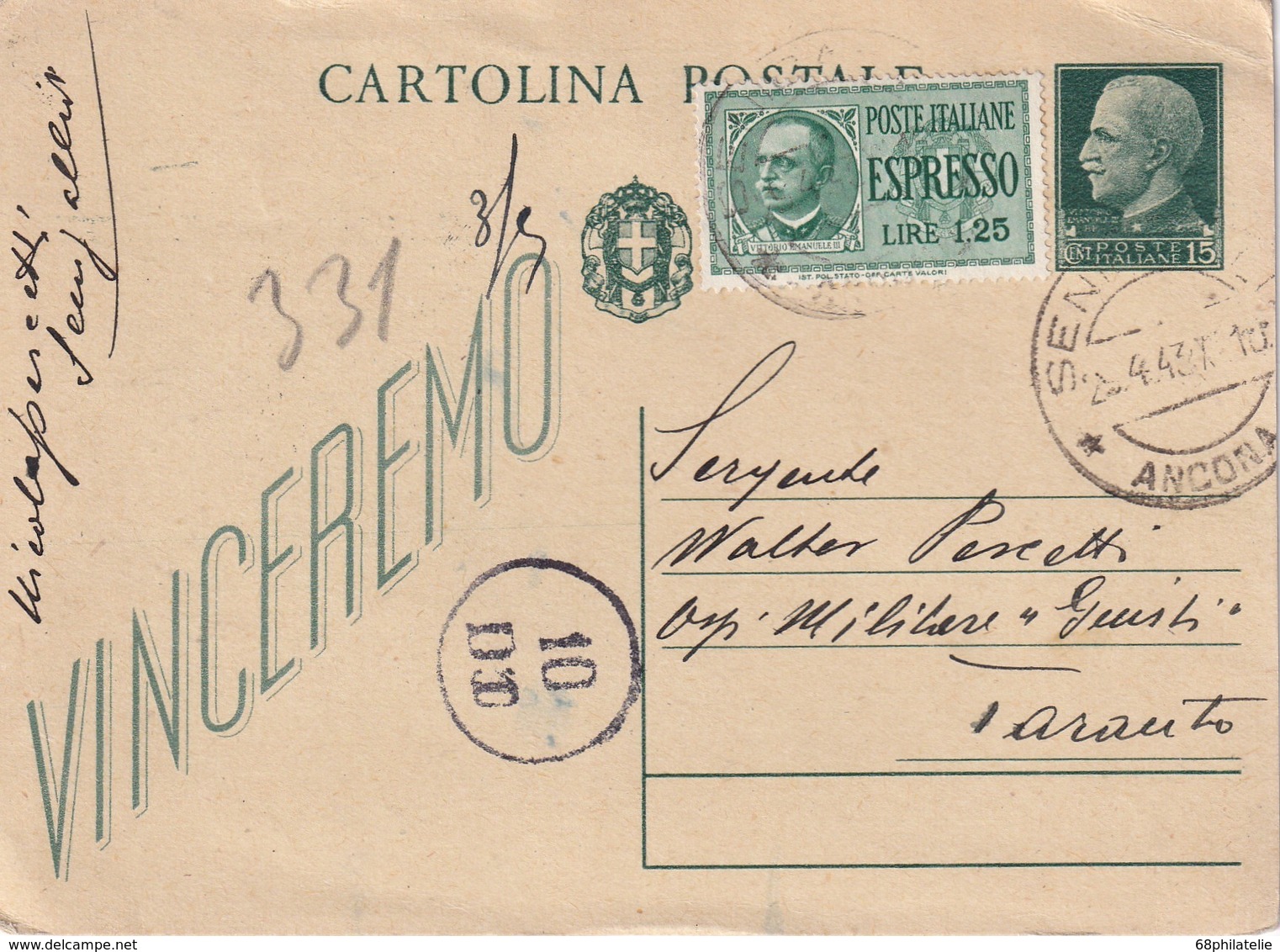 ITALIE  1943    ENTIER POSTAL/GANZSACHE/POSTAL STATIONERY  CARTE DE ANCONA CENSUREE EXPRES POUR TORONTO - Entiers Postaux