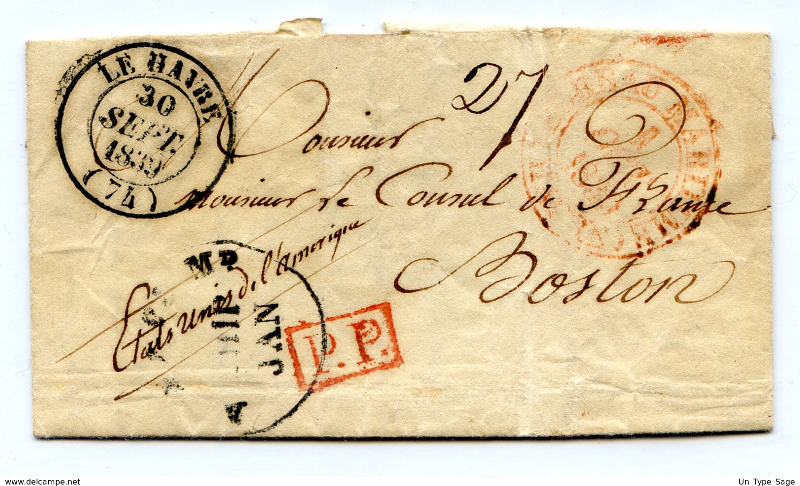 France - Lettre Du Havre Pour Boston 1839 (transatlantique) - Bureau Maritime Havre - PP Rouge - (B1081) - 1801-1848: Précurseurs XIX