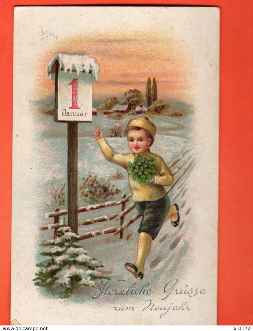 EBH-38 Herzliche Grüsse Zum Neujahr  Bonne Année.  Enfant Avec Trèfles à 4.  Circulé 1919 - Nouvel An