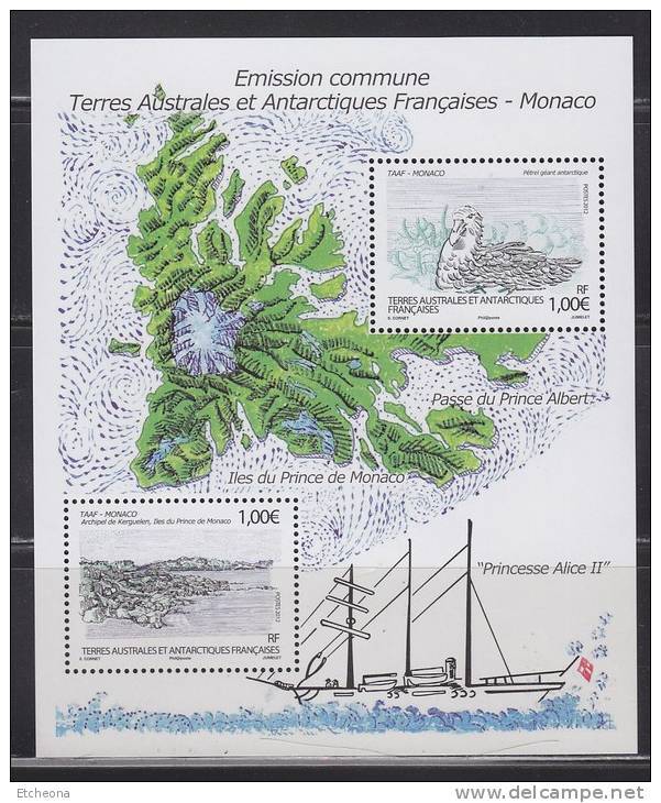 = Emission Commune TAAF-Monaco, Carte, Bateau, Archipel Des Kerguelen Et Pétre Géant Antarctique, 2 Timbres à 1.00€ - Blocs-feuillets