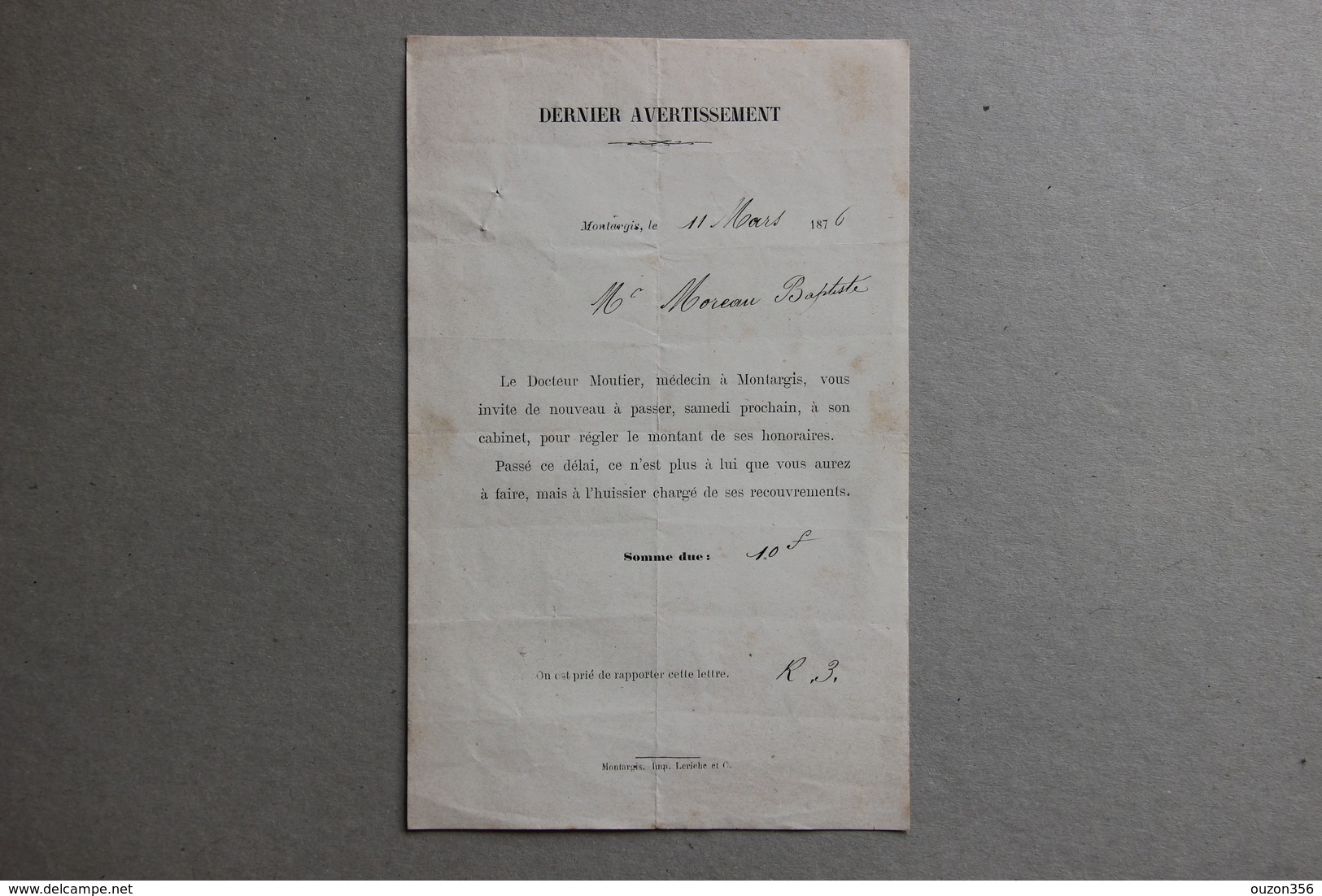 Mise En Demeure De Payer, Docteur Moutier à Montargis (Loiret), 1876 - Collections