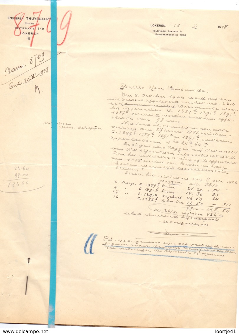 Brief Lettre - Notaris Prosper Thuysbaert Lokeren - Naar Kadaster 1928 + Brief Met Antwoord - Non Classés