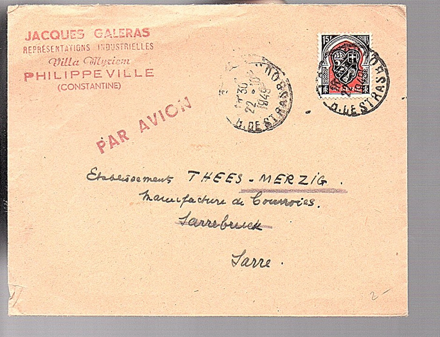 1949 Jacques Galers Villa Myziem Philipville 1949 > Saarland Thees Merzig (328) - Covers & Documents